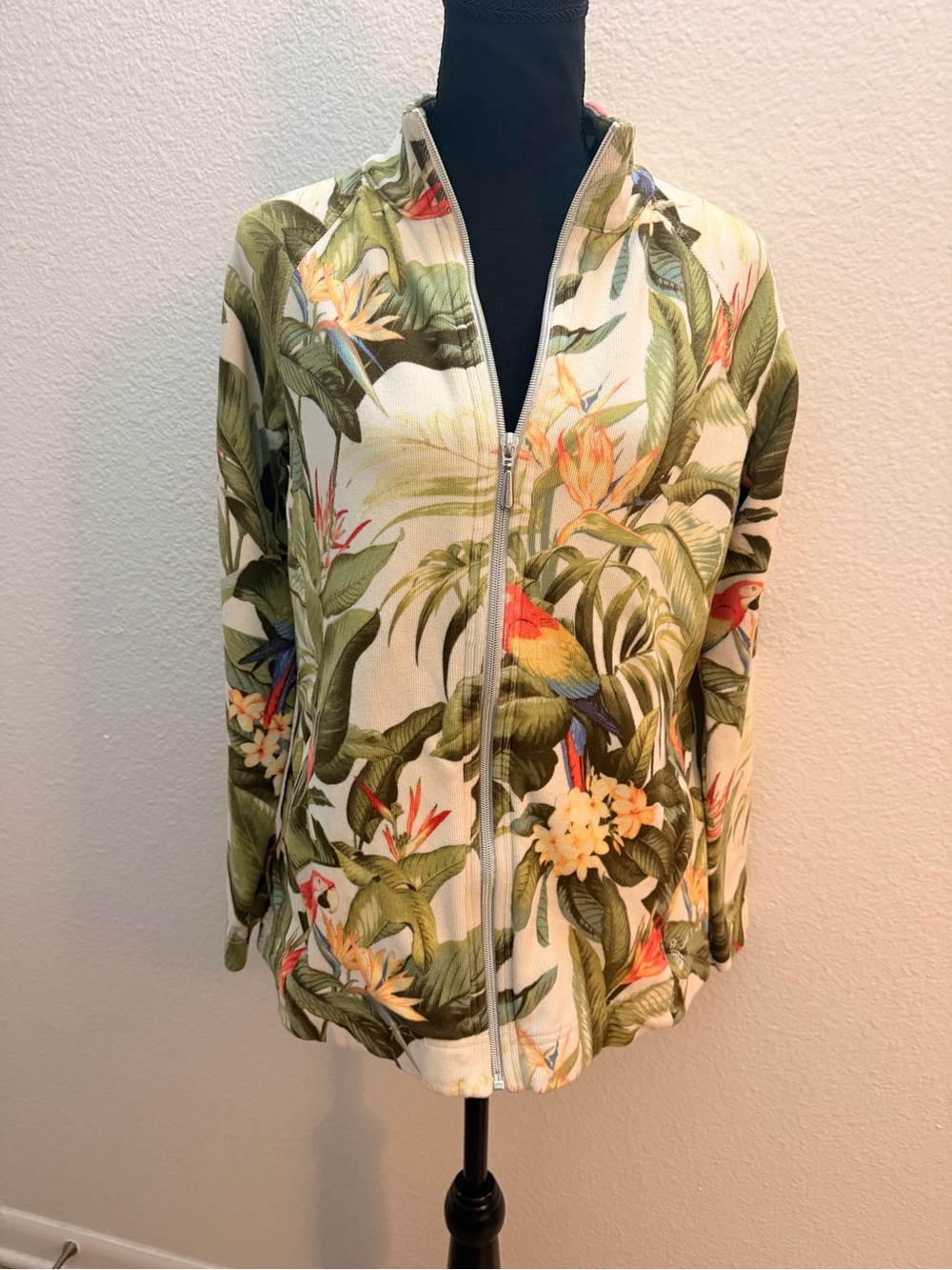 Tommy Bahama Cream and Green Tropical Zip Swim Jacket